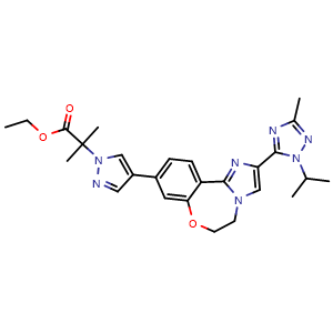 Chemical structure of Ethyl 2-(4-(2-(1-isopropyl-3-methyl-1H-1,2,4-triazol-5-yl)-5,6-dihydrobenzo[f]imidazo[1,2-d][1,4]oxazepin-9-yl)-1H-pyrazol-1-yl)-2-methylpropanoate , CAS 1282514-64-0, AChemBlock W169388