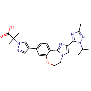 Chemical structure of 2-(4-(2-(1-Isopropyl-3-methyl-1H-1,2,4-triazol-5-yl)-5,6-dihydrobenzo[f]imidazo[1,2-d][1,4]oxazepin-9-yl)-1H-pyrazol-1-yl)-2-methylpropanoic acid , CAS 1282513-03-4, AChemBlock W169389