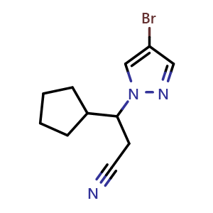 Chemical structure of 3-(4-Bromo-1H-pyrazol-1-yl)-3-cyclopentylpropanenitrile , CAS 1822969-98-1, AChemBlock W169392