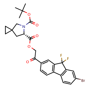 Chemical structure of (S)-6-(2-(7-bromo-9,9-difluoro-9H-fluoren-2-yl)-2-oxoethyl) 5-tert-butyl 5-azaspiro[2 4]heptane-5,6-dicarboxylate , CAS 1499193-61-1, AChemBlock W169396