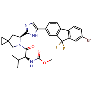 Chemical structure of Methyl ((S)-1-((S)-6-(5-(7-bromo-9,9-difluoro-9H-fluoren-2-yl)-1H-imidazol-2-yl)-5-azaspiro[2 4]heptan-5-yl)-3-methyl-1-oxobutan-2-yl)carbamate , CAS 1256388-50-7, AChemBlock W169399