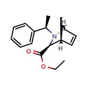 Chemical structure of (1S,3S,4R)-ethyl 2-((R)-1-phenylethyl)-2-azabicyclo[2 2 1]hept-5-ene-3-carboxylate , CAS 134984-63-7, AChemBlock W169400