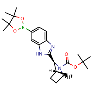 Chemical structure of (1R,3S,4S)-tert-Butyl 3-(6-(4,4,5,5-tetramethyl-1,3,2-dioxaborolan-2-yl)-1H-benzo[d]imidazol-2-yl)-2-azabicyclo[2 2 1]heptane-2-carboxylate , CAS 1256387-87-7, AChemBlock W169403