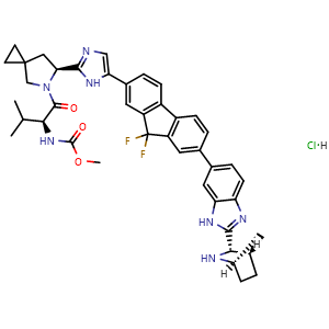 Chemical structure of methyl ((S)-1-((S)-6-(5-(7-(2-((1R,3S,4S)-2-azabicyclo[2 2 1]heptan-3-yl)-1H-benzo[d]imidazol-6-yl)-9,9-difluoro-9H-fluoren-2-yl)-1H-imidazol-2-yl)-5-azaspiro[2 4]heptan-5-yl)-3-methyl-1-oxobutan-2-yl)carbamate hydrochloride , CAS 2004675-26-5, AChemBlock W169404