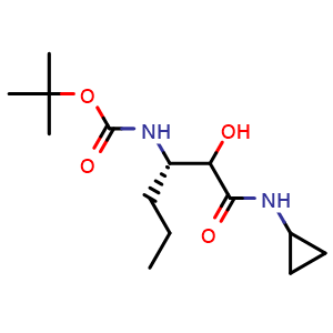 Chemical structure of tert-Butyl ((3S)-1-(cyclopropylamino)-2-hydroxy-1-oxohexan-3-yl)carbamate , CAS 856707-39-6, AChemBlock W169407