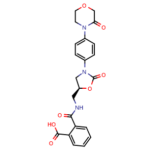 Chemical structure of (S)-2-(((2-oxo-3-(4-(3-oxomorpholino)phenyl)oxazolidin-5-yl)methyl)carbamoyl)benzoic acid , CAS 1365267-37-3, AChemBlock W169411
