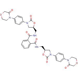 Chemical structure of N1,N2-bis(((S)-2-oxo-3-(4-(3-oxomorpholino)phenyl)oxazolidin-5-yl)methyl)phthalamide , CAS 1365267-36-2, AChemBlock W169412