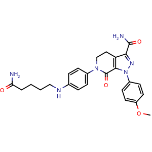 Chemical structure of 6-(4-((5-Amino-5-oxopentyl)amino)phenyl)-1-(4-methoxyphenyl)-7-oxo-4,5,6,7-tetrahydro-1H-pyrazolo[3,4-c]pyridine-3-carboxamide , CAS 2187409-01-2, AChemBlock W169418