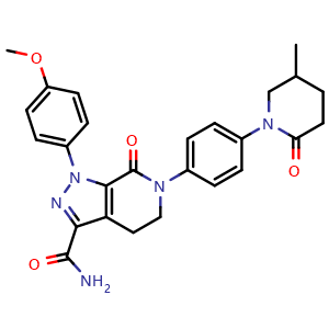 Chemical structure of 1-(4-Methoxyphenyl)-6-(4-(5-methyl-2-oxopiperidin-1-yl)phenyl)-7-oxo-4,5,6,7-tetrahydro-1H-pyrazolo[3,4-c]pyridine-3-carboxamide , CAS 1686149-74-5, AChemBlock W169420