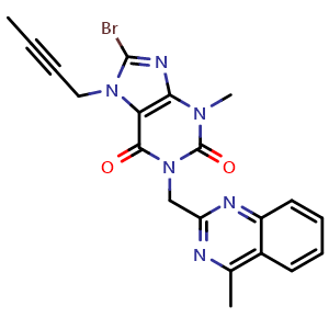 Chemical structure of 8-Bromo-7-(but-2-yn-1-yl)-3-methyl-1-((4-methylquinazolin-2-yl)methyl)-1H-purine-2,6(3H,7H)-dione , CAS 853029-57-9, AChemBlock W169421