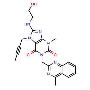 Chemical structure of 7-(But-2-yn-1-yl)-8-((2-hydroxyethyl)amino)-3-methyl-1-((4-methylquinazolin-2-yl)methyl)-1H-purine-2,6(3H,7H)-dione , CAS 2074688-84-7, AChemBlock W169422