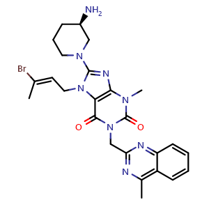 Chemical structure of (R,E)-8-(3-aminopiperidin-1-yl)-7-(3-bromobut-2-en-1-yl)-3-methyl-1-((4-methylquinazolin-2-yl)methyl)-1H-purine-2,6(3H,7H)-dione , CAS 1446263-39-3, AChemBlock W169423