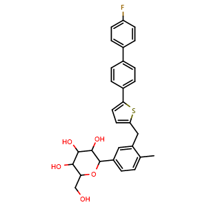 Chemical structure of 2-(3-((5-(4'-fluoro-[1,1'-biphenyl]-4-yl)thiophen-2-yl)methyl)-4-methylphenyl)-6-(hydroxymethyl)tetrahydro-2H-pyran-3,4,5-triol , CAS 2435720-29-7, AChemBlock W169437