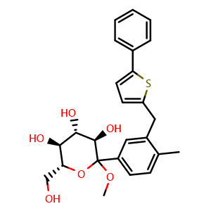 Chemical structure of (3R,4S,5S,6R)-6-(hydroxymethyl)-2-methoxy-2-(4-methyl-3-((5-phenylthiophen-2-yl)methyl)phenyl)tetrahydro-2H-pyran-3,4,5-triol , AChemBlock W169438