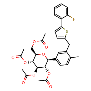 Chemical structure of (2R,3R,4R,5S,6S)-2-(acetoxymethyl)-6-(3-((5-(2-fluorophenyl)thiophen-2-yl)methyl)-4-methylphenyl)tetrahydro-2H-pyran-3,4,5-triyl triacetate , CAS 2803376-82-9, AChemBlock W169443