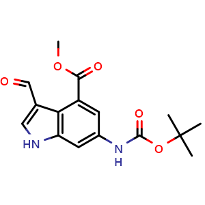 Chemical structure of Methyl 6-((tert-butoxycarbonyl)amino)-3-formyl-1H-indole-4-carboxylate , CAS 731810-57-4, AChemBlock W169456