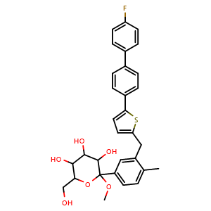 Chemical structure of 2-(3-((5-(4'-fluoro-[1,1'-biphenyl]-4-yl)thiophen-2-yl)methyl)-4-methylphenyl)-6-(hydroxymethyl)-2-methoxytetrahydro-2H-pyran-3,4,5-triol , AChemBlock W169465