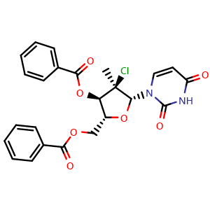 Chemical structure of ((2R,3R,4R,5R)-3-(benzoyloxy)-4-chloro-5-(2,4-dioxo-3,4-dihydropyrimidin-1(2H)-yl)-4-methyltetrahydrofuran-2-yl)methyl benzoate , CAS 1496551-71-3, AChemBlock W169471