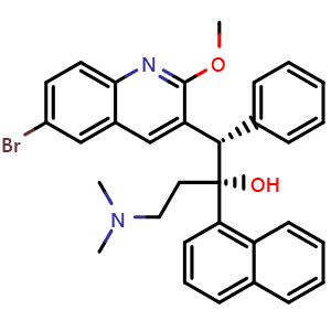 Chemical structure of (1S,2R)-1-(6-bromo-2-methoxyquinolin-3-yl)-4-(dimethylamino)-2-(naphthalen-1-yl)-1-phenylbutan-2-ol , CAS 857086-93-2, AChemBlock W169477