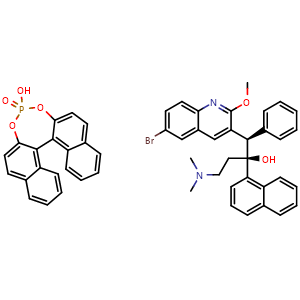 Chemical structure of 4-hydroxydinaphtho[2,1-d:1',2'-f][1,3,2]dioxaphosphepine4-oxidecompoundwith(1r,2s)-1-(6-bromo-2-methoxyquinolin-3-yl)-4-(dimethylamino)-2-(naphthalen-1-yl)-1-phenylbutan-2-ol(1:1) , CAS 916329-20-9, AChemBlock W169478