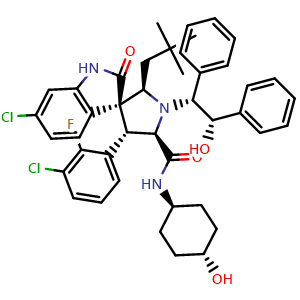 Chemical structure of (2'R,3S,4'S,5'R)-6-Chloro-4'-(3-chloro-2-fluorophenyl)-2'-(2,2-dimethylpropyl)-1,2-dihydro-N-(trans-4-hydroxycyclohexyl)-1'-[(1R,2S)-2-hydroxy-1,2-diphenylethyl]-2-oxospiro[3H-indole-3,3'-pyrrolidine]-5'-carboxamide , CAS 1303609-36-0, AChemBlock W169490