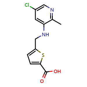Chemical structure of 5-(((5-Chloro-2-methylpyridin-3-yl)amino)methyl)thiophene-2-carboxylic acid , CAS 1404456-63-8, AChemBlock W169493