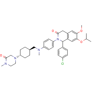 Chemical structure of rel-1-(4-Chlorophenyl)-7-isopropoxy-6-methoxy-2-(4-(methyl(((1r,4r)-4-(4-methyl-3-oxopiperazin-1-yl)cyclohexyl)methyl)amino)phenyl)-1,4-dihydroisoquinolin-3(2H)-one , CAS 1313363-86-8, AChemBlock W169513