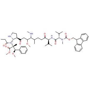 Chemical structure of (2R,3R)methyl-2-(N-((2S,3R)-3-((9S)-9-((S)-2-((((9H-fluoren-9-yl)methoxy)carbonyl)(methyl)amino)-3-methylbutanamido)-3-methoxy-5,10-dimethyl-4-(methylamino)-8-oxoundecanoyl)pyrrolidin-2-yl)propionamido)-3-methoxy-2-methyl-3-phenylpropanoate , CAS 863971-38-4, AChemBlock W169514