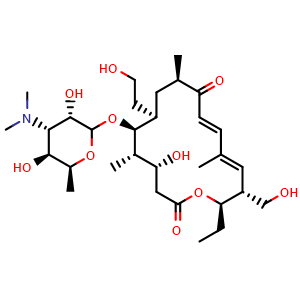 Chemical structure of (4R,5S,6S,7R,9R,11E,13E,15R,16R)-6-(((3S,4S,5S,6S)-4-(dimethylamino)-3,5-dihydroxy-6-methyltetrahydro-2H-pyran-2-yl)oxy)-16-ethyl-4-hydroxy-7-(2-hydroxyethyl)-15-(hydroxymethyl)-5,9,13-trimethyloxacyclohexadeca-11,13-diene-2,10-dione , AChemBlock W169528