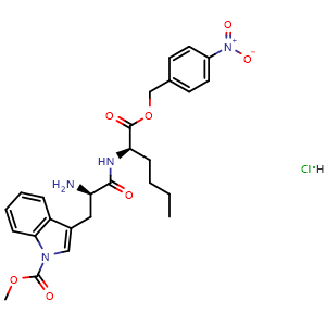 Chemical structure of Methyl 3-((R)-2-amino-3-(((R)-1-((4-nitrobenzyl)oxy)-1-oxohexan-2-yl)amino)-3-oxopropyl)-1H-indole-1-carboxylate hydrochloride , CAS 865488-40-0, AChemBlock W169530