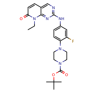 Chemical structure of tert-butyl 4-(4-((8-ethyl-7-oxo-7,8-dihydropyrido[2,3-d]pyrimidin-2-yl)amino)-2-fluorophenyl)piperazine-1-carboxylate , CAS 2443767-09-5, AChemBlock W169538