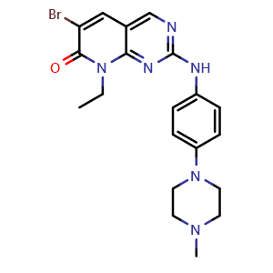 Chemical structure of 6-Bromo-8-ethyl-2-[[4-(4-methylpiperazin-1-yl)phenyl]amino]-8H-pyrido[2,3-d]pyrimidin-7-one , CAS 1232030-40-8, AChemBlock W169542
