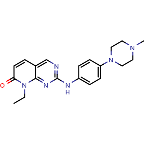 Chemical structure of 8-Ethyl-2-[[4-(4-methylpiperazin-1-yl)phenyl]amino]-8H-pyrido[2,3-d]pyrimidin-7-one , CAS 211245-14-6, AChemBlock W169546