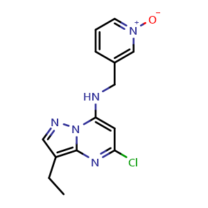Chemical structure of 3-(((5-Chloro-3-ethylpyrazolo[1,5-a]pyrimidin-7-yl)amino)methyl)pyridine 1-oxide , CAS 779353-65-0, AChemBlock W169547