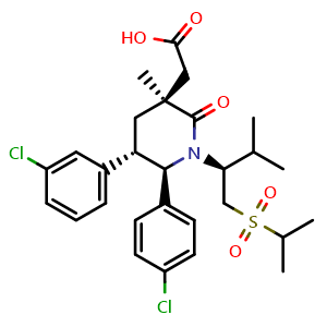 Chemical structure of 2-((3S,5S,6R)-5-(3-chlorophenyl)-6-(4-chlorophenyl)-1-((S)-1-(isopropylsulfonyl)-3-methylbutan-2-yl)-3-methyl-2-oxopiperidin-3-yl)acetic acid , CAS 2459946-14-4, AChemBlock W169552