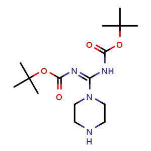 Chemical structure of [tert-Butoxycarbonylimino(piperazin-1-yl)methyl]carbamic acid tert-butyl ester , CAS 203258-20-2, AChemBlock W169554