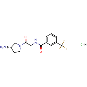 Chemical structure of (S)-N-(2-(3-aminopyrrolidin-1-yl)-2-oxoethyl)-3-(trifluoromethyl)benzamide hydrochloride , CAS 857651-01-5, AChemBlock W169565