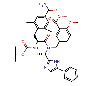 Chemical structure of Methyl 5-(((S)-2-((tert-butoxycarbonyl)amino)-3-(4-carbamoyl-2,6-dimethylphenyl)-N-((S)-1-(5-phenyl-1H-imidazol-2-yl)ethyl)propanamido)methyl)-2-methoxybenzoate , CAS 1137026-67-5, AChemBlock W169579