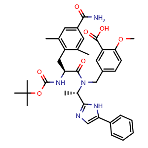 Chemical structure of 5-(((S)-2-((tert-butoxycarbonyl)amino)-3-(4-carbamoyl-2,6-dimethylphenyl)-N-((S)-1-(5-phenyl-1H-imidazol-2-yl)ethyl)propanamido)methyl)-2-methoxybenzoic acid , CAS 864825-69-4, AChemBlock W169580