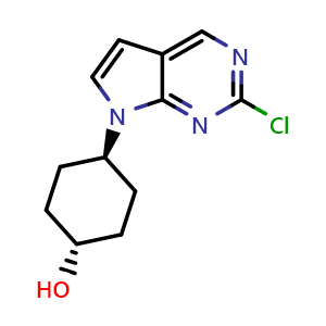 Chemical structure of trans-4-(2-Chloro-7H-pyrrolo[2,3-d]pyrimidin-7-yl)cyclohexanol , CAS 1621619-12-2, AChemBlock W169592