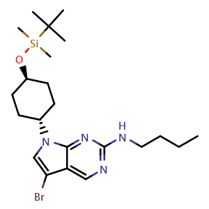 Chemical structure of 5-Bromo-N-butyl-7-[trans-4-[[(1,1-dimethylethyl)dimethylsilyl]oxy]cyclohexyl]-7H-pyrrolo[2,3-d]pyrimidin-2-amine , CAS 1429882-29-0, AChemBlock W169593