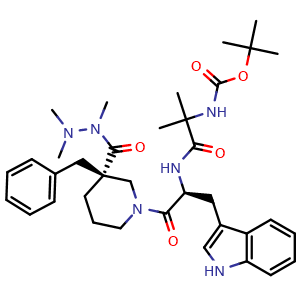 Chemical structure of tert-Butyl (1-(((S)-1-((R)-3-benzyl-3-(1,2,2-trimethylhydrazinecarbonyl)piperidin-1-yl)-3-(1H-indol-3-yl)-1-oxopropan-2-yl)amino)-2-methyl-1-oxopropan-2-yl)carbamate , CAS 883572-59-6, AChemBlock W169595