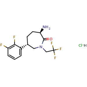 Chemical structure of (3R,6S)-3-Amino-6-(2,3-difluorophenyl)-1-(2,2,2-trifluoroethyl)azepan-2-one hydrochloride , CAS 953077-37-7, AChemBlock W169597
