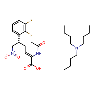 Chemical structure of Tributylamine (S,Z)-2-acetamido-5-(2,3-difluorophenyl)-6-nitrohex-2-enoate , CAS 1254841-06-9, AChemBlock W169598