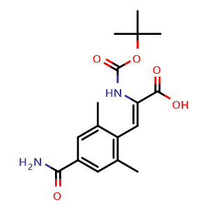 Chemical structure of (Z)-2-((tert-butoxycarbonyl)amino)-3-(4-carbamoyl-2,6-dimethylphenyl)acrylic acid , CAS 2449105-91-1, AChemBlock W169604