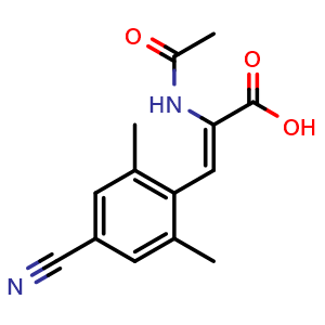 Chemical structure of (Z)-2-acetamido-3-(4-cyano-2,6-dimethylphenyl)acrylic acid , CAS 2449086-74-0, AChemBlock W169606