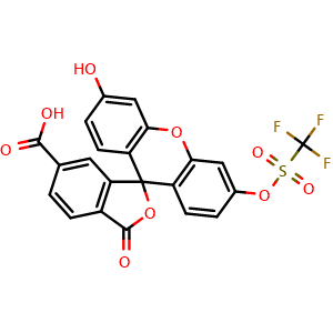 Chemical structure of 3'-Hydroxy-3-oxo-6'-[[(trifluoromethyl)sulfonyl]oxy]spiro[isobenzofuran-1(3H),9'-[9H]xanthene]-6-carboxylic acid , CAS 1268491-68-4, AChemBlock W169609