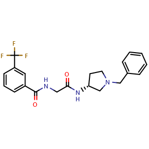 Chemical structure of (R)-N-(2-((1-benzylpyrrolidin-3-yl)amino)-2-oxoethyl)-3-(trifluoromethyl)benzamide , CAS 226228-88-2, AChemBlock W169613