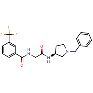 Chemical structure of (S)-N-(2-((1-benzylpyrrolidin-3-yl)amino)-2-oxoethyl)-3-(trifluoromethyl)benzamide , CAS 226228-42-8, AChemBlock W169615