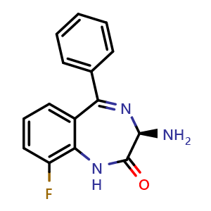 Chemical structure of (R)-3-amino-9-fluoro-5-phenyl-1H-benzo[e][1,4]diazepin-2(3H)-one , CAS 2436275-53-3, AChemBlock W169636